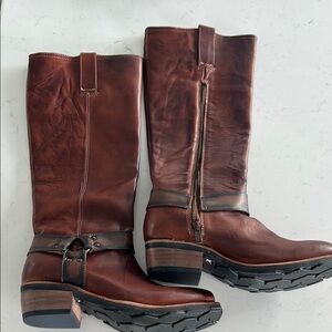 Freebird Brown Heeled Boots with Chunky Heel and Knee High Design